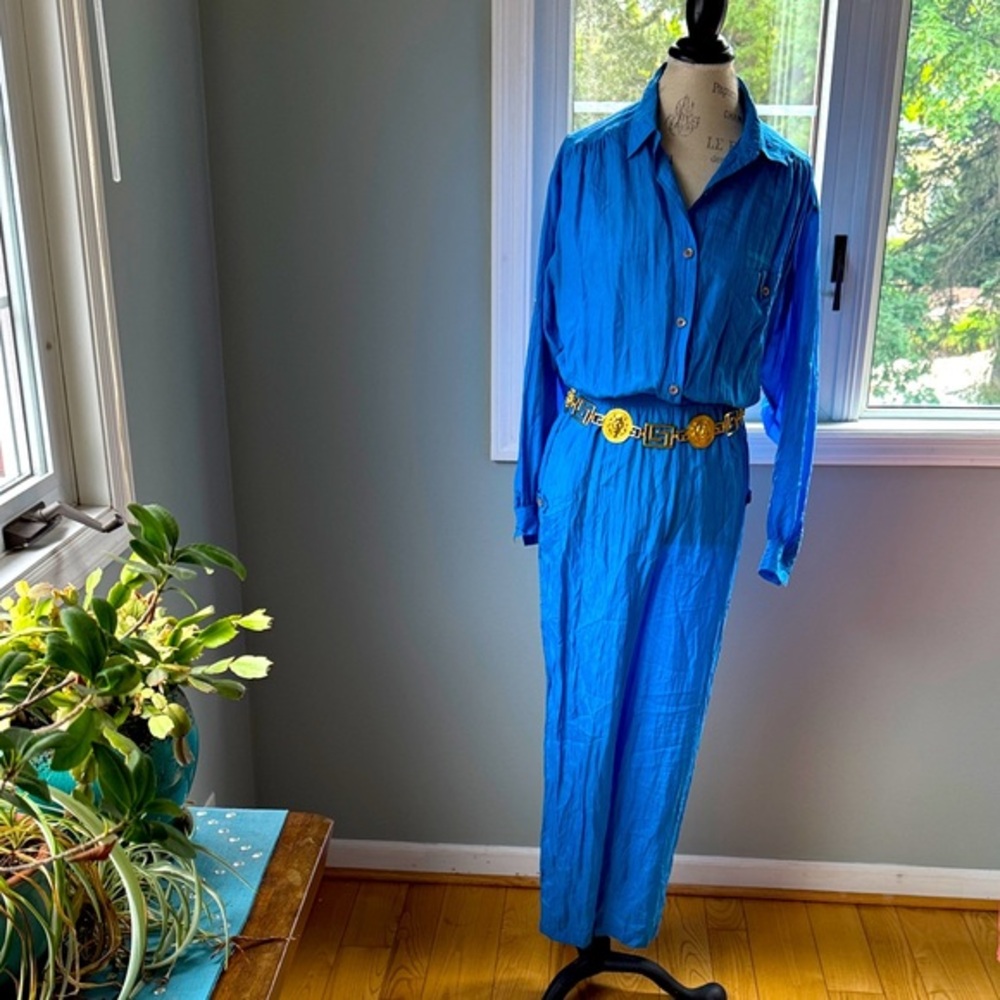 Vintage Bill Blass royal blue silk long sleeved tapered leg jumpsuit EVC size M